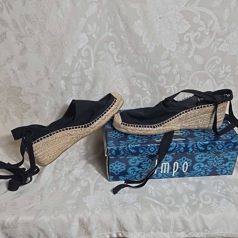 Impo Mai Tai Lace Up Black Espadrille Wedge Shoes with Woven Sole - Picture 3 of 8